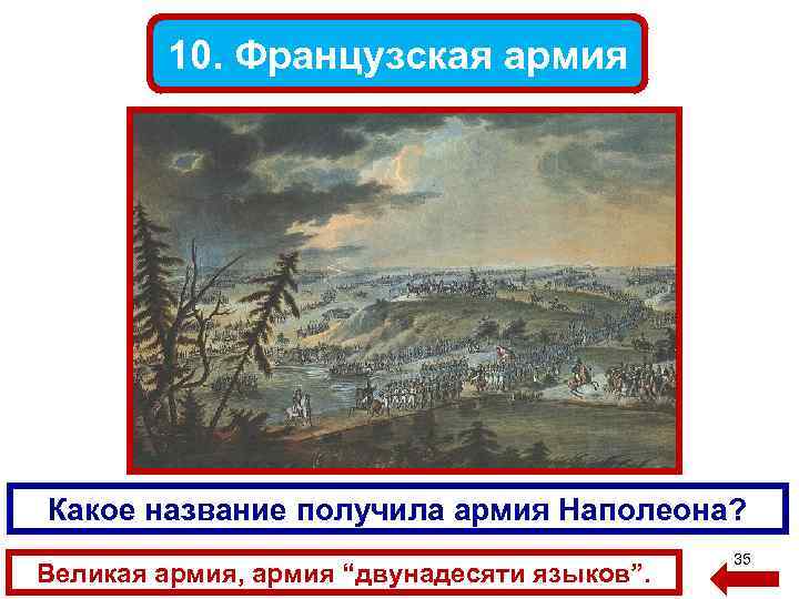 10. Французская армия Какое название получила армия Наполеона? Великая армия, армия “двунадесяти языков”. 35