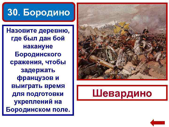 30. Бородино Назовите деревню, где был дан бой накануне Бородинского сражения, чтобы задержать французов