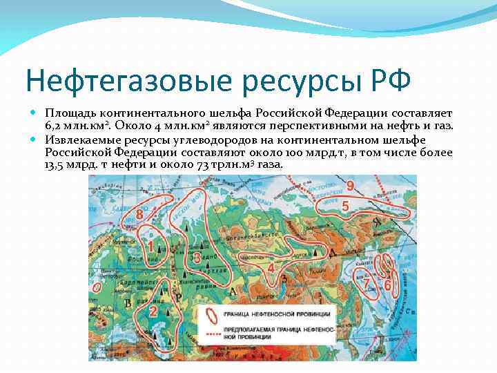 Нефтегазовые ресурсы РФ Площадь континентального шельфа Российской Федерации составляет 6, 2 млн. км 2.
