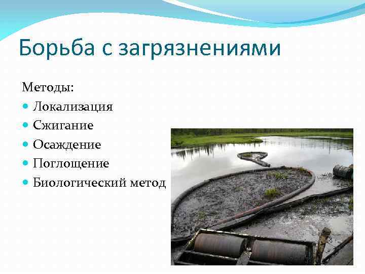 Борьба с загрязнениями Методы: Локализация Сжигание Осаждение Поглощение Биологический метод 