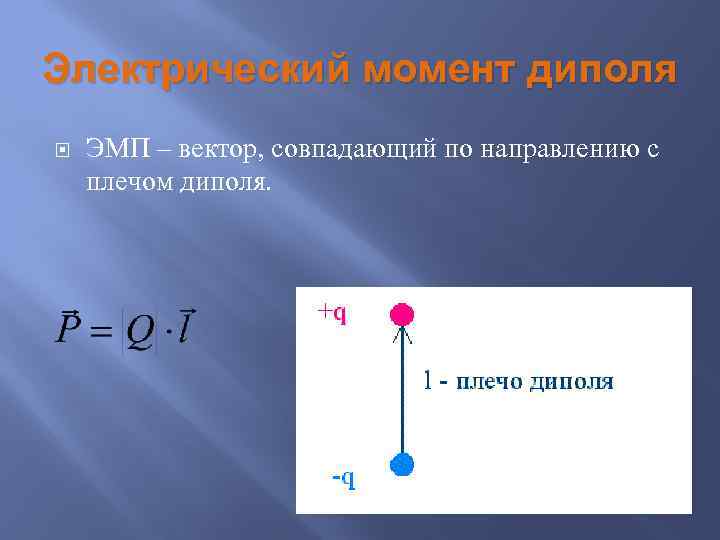 Электрический момент диполя ЭМП – вектор, совпадающий по направлению с плечом диполя. 