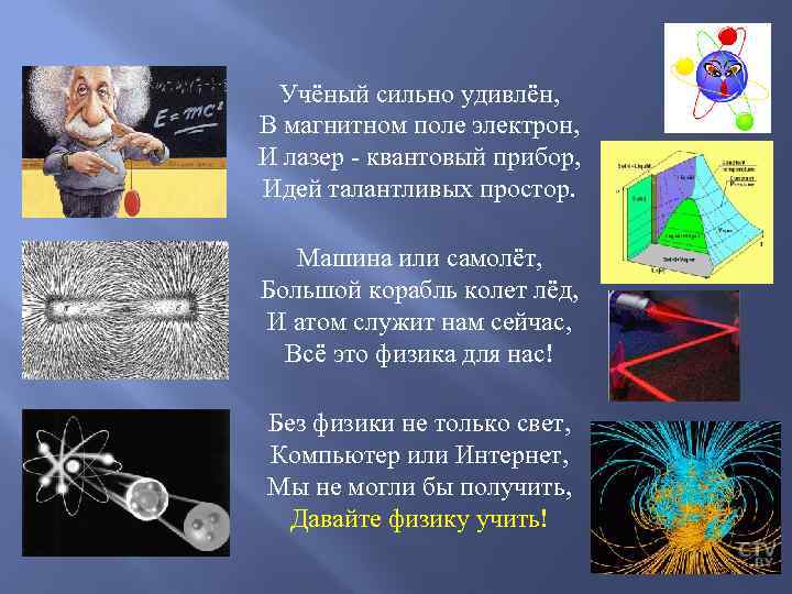 Учёный сильно удивлён, В магнитном поле электрон, И лазер - квантовый прибор, Идей талантливых