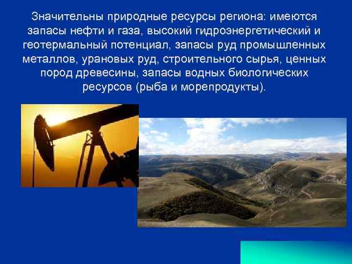 Значительны природные ресурсы региона: имеются запасы нефти и газа, высокий гидроэнергетический и геотермальный потенциал,