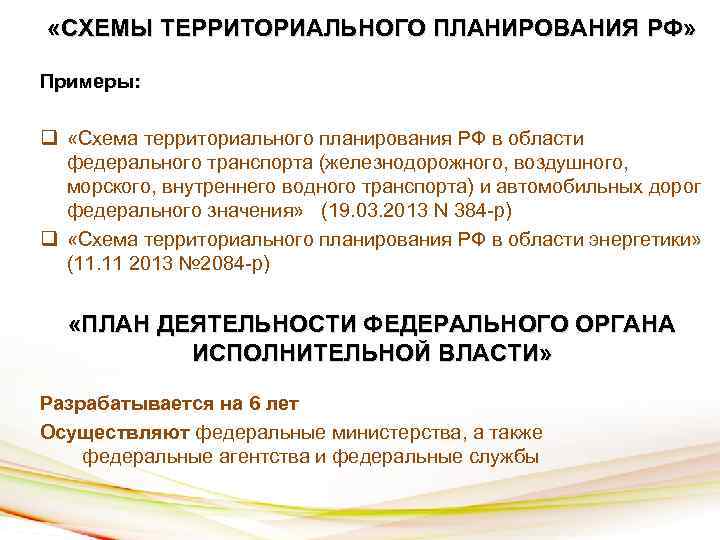 «СХЕМЫ ТЕРРИТОРИАЛЬНОГО ПЛАНИРОВАНИЯ РФ» Примеры: q «Схема территориального планирования РФ в области федерального