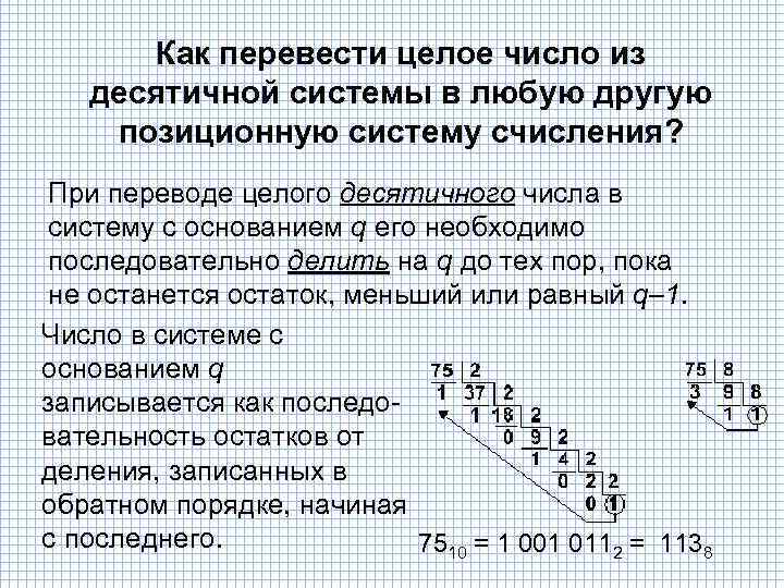 Как перевести целое число из десятичной системы в любую другую позиционную систему счисления? При