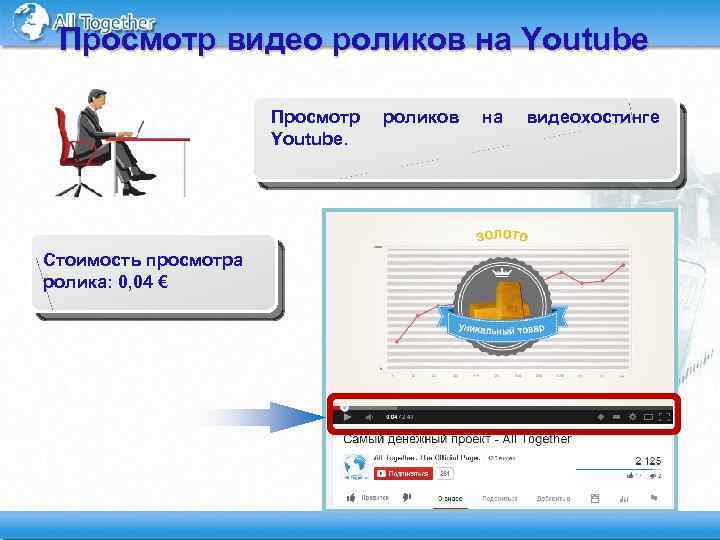 Просмотр видео роликов на Youtube Просмотр Youtube. Стоимость просмотра ролика: 0, 04 € роликов