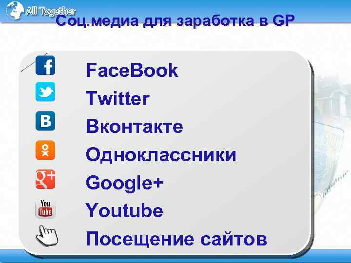 Соц. медиа для заработка в GP Face. Book Twitter Вконтакте Одноклассники Google+ Youtube Посещение