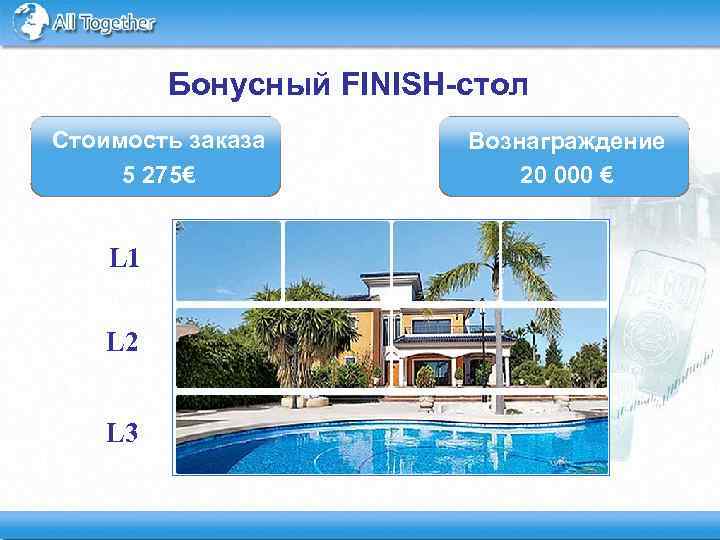 Бонусный FINISH-стол Стоимость заказа 5 275€ L 1 L 2 L 3 Вознаграждение 20