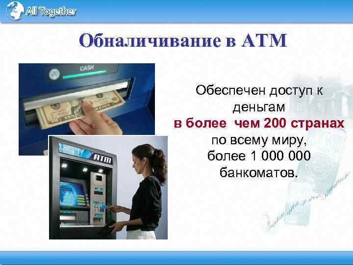 Обналичивание в АТМ Обеспечен доступ к деньгам в более чем 200 странах по всему