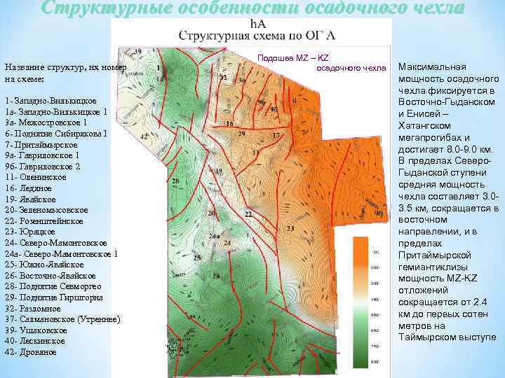 Структурные особенности осадочного чехла Название структур, их номер на схеме: 1 - Западно-Вилькицкое 1