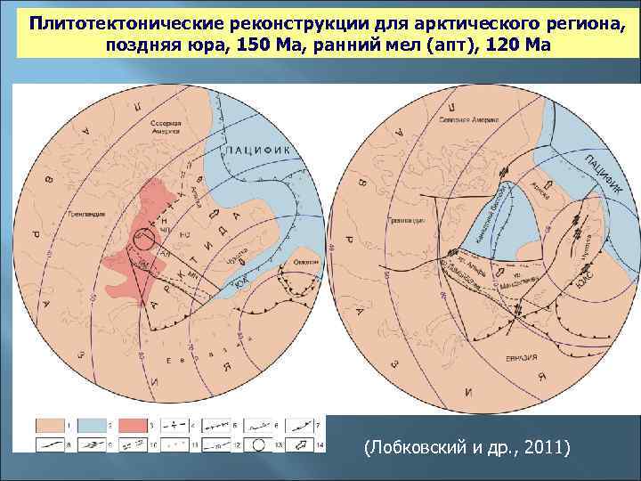 Плитотектонические реконструкции для арктического региона, поздняя юра, 150 Ma, ранний мел (апт), 120 Ma