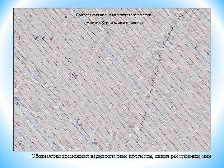 Сонограмма дна и магнитные аномалии (участок Керченского пролива) Обозначены возможные взрывоопасные предметы, линия расстановки