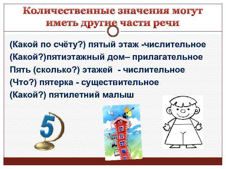 Количественные значения могут иметь другие части речи (Какой по счёту? ) пятый этаж -числительное