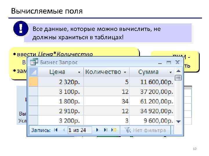 Вычисляемые поля ! Все данные, которые можно вычислить, не должны храниться в таблицах! •