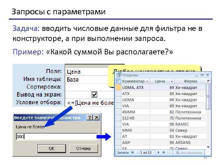 Запросы с параметрами Задача: вводить числовые данные для фильтра не в конструкторе, а при