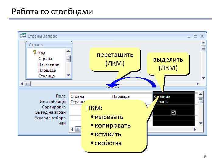 Работа со столбцами перетащить (ЛКМ) выделить (ЛКМ) ПКМ: • вырезать • копировать • вставить