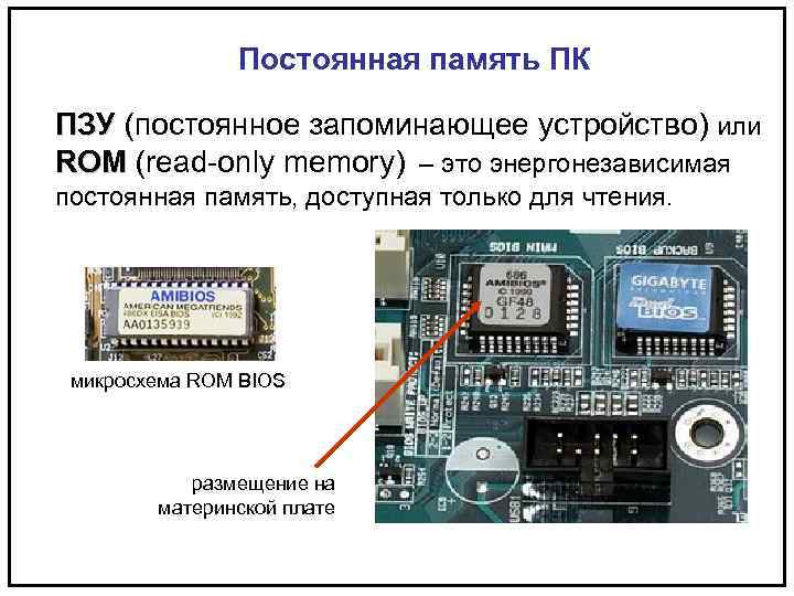 Постоянная память ПК ПЗУ (постоянное запоминающее устройство) или ПЗУ ROM (read-only memory) – это