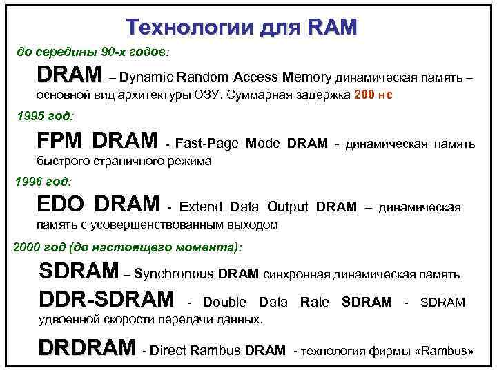 Технологии для RAM до середины 90 -х годов: DRAM – Dynamic Random Access Memory