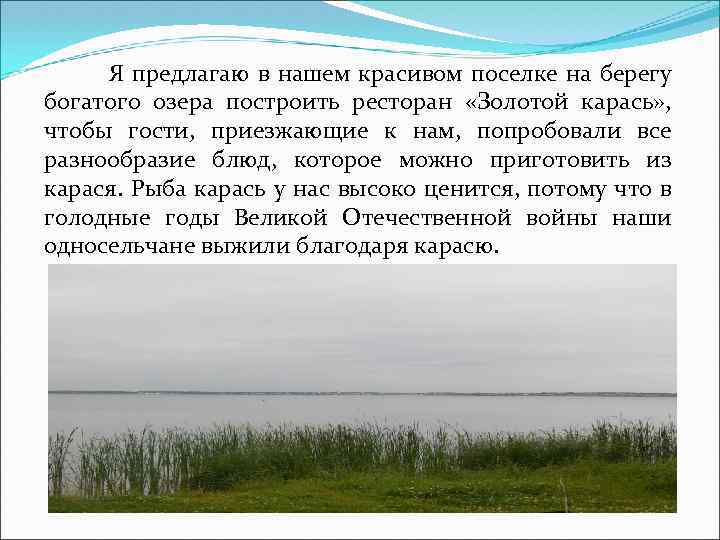Я предлагаю в нашем красивом поселке на берегу богатого озера построить ресторан «Золотой карась»