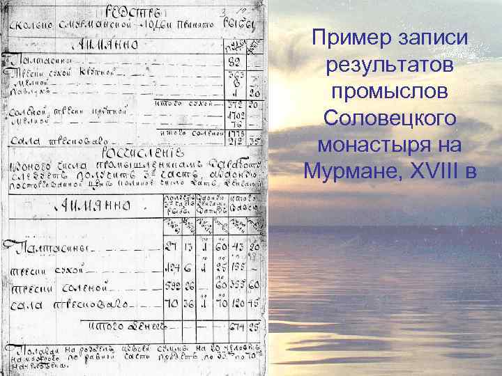 Пример записи результатов промыслов Соловецкого монастыря на Мурмане, XVIII в 
