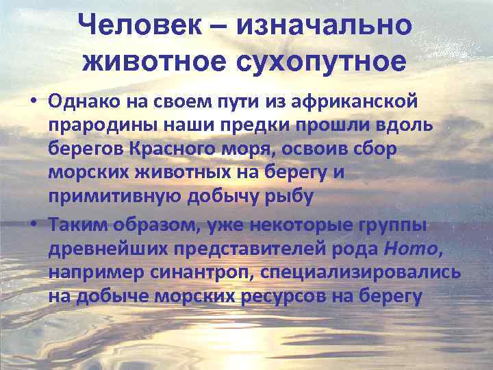 Человек – изначально животное сухопутное • Однако на своем пути из африканской прародины наши