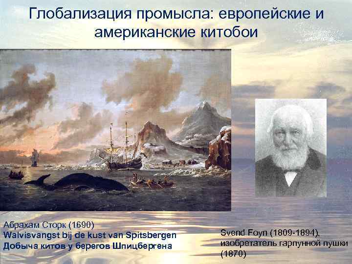Глобализация промысла: европейские и американские китобои Абрахам Сторк (1690) Walvisvangst bij de kust van