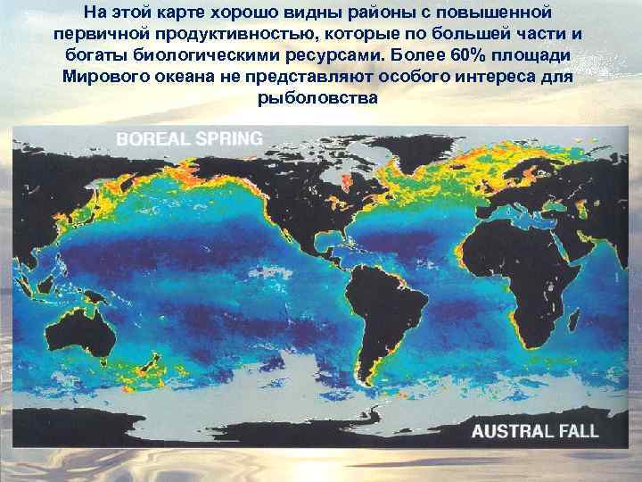 На этой карте хорошо видны районы с повышенной первичной продуктивностью, которые по большей части