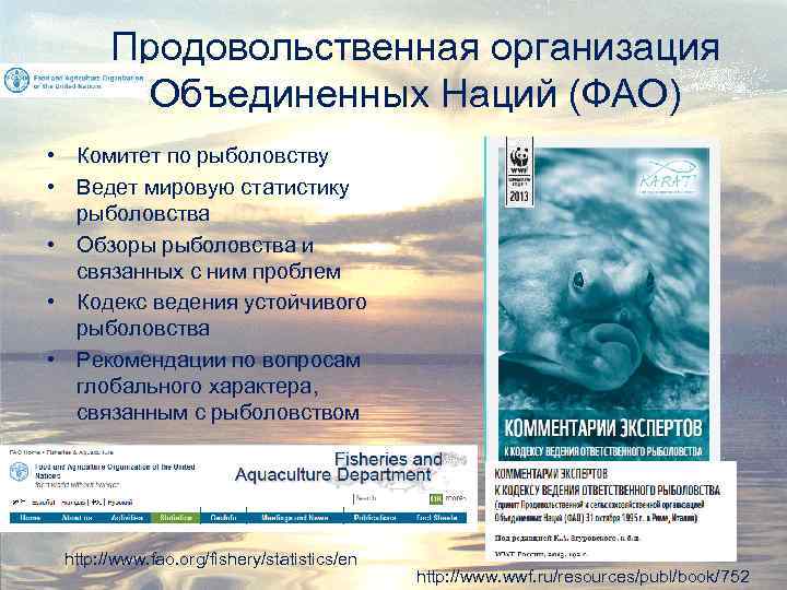 Продовольственная организация Объединенных Наций (ФАО) • Комитет по рыболовству • Ведет мировую статистику рыболовства