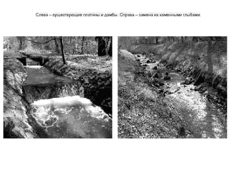 Слева – существующие плотины и дамбы. Справа – замена их каменными глыбами. 