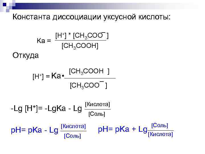 Константа диссоциации уксусной кислоты: Ka = _ [H+] * [CH 3 COO ] [CH