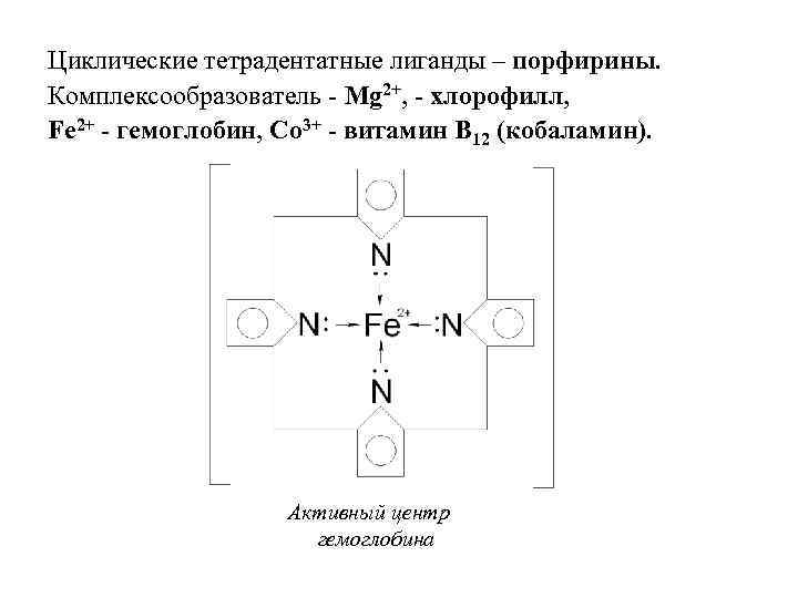 Циклические тетрадентатные лиганды – порфирины. Комплексообразователь - Mg 2+, - хлорофилл, Fe 2+ -