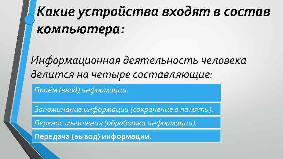 Какие устройства входят в состав компьютера: Информационная деятельность человека делится на четыре составляющие: Приём