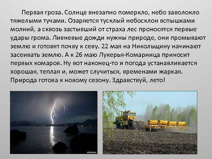 Первая гроза. Солнце внезапно померкло, небо заволокло тяжелыми тучами. Озаряется тусклый небосклон вспышками