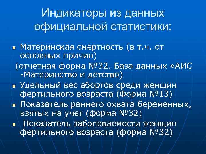 Индикаторы из данных официальной статистики: Материнская смертность (в т. ч. от основных причин) (отчетная
