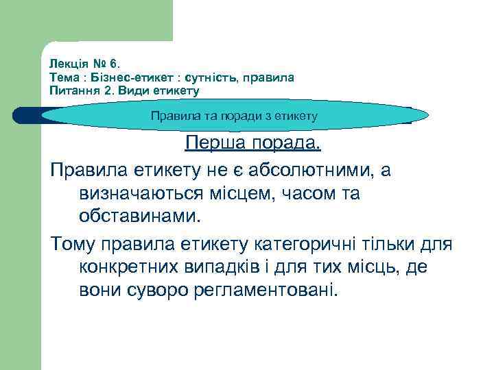 Лекція № 6. Тема : Бізнес-етикет : сутність, правила Питання 2. Види етикету Правила