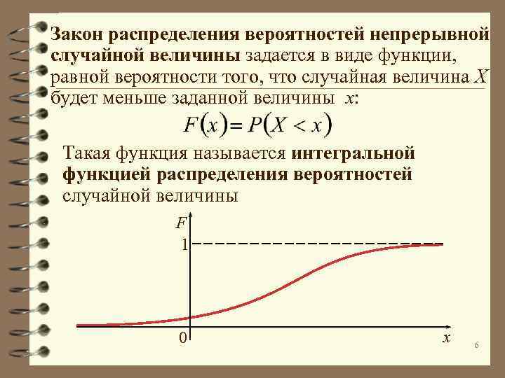 Закон распределения вероятностей непрерывной случайной величины задается в виде функции, равной вероятности того, что