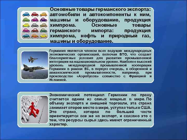 Основные товары германского экспорта: автомобили и автокомпоненты к ним, машины и оборудование, продукция химпрома.