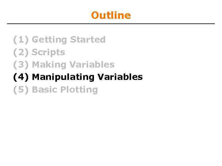 Outline (1) (2) (3) (4) (5) Getting Started Scripts Making Variables Manipulating Variables Basic