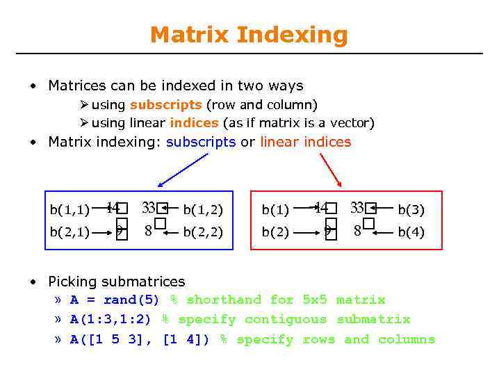 Matrix Indexing • Matrices can be indexed in two ways using subscripts (row and