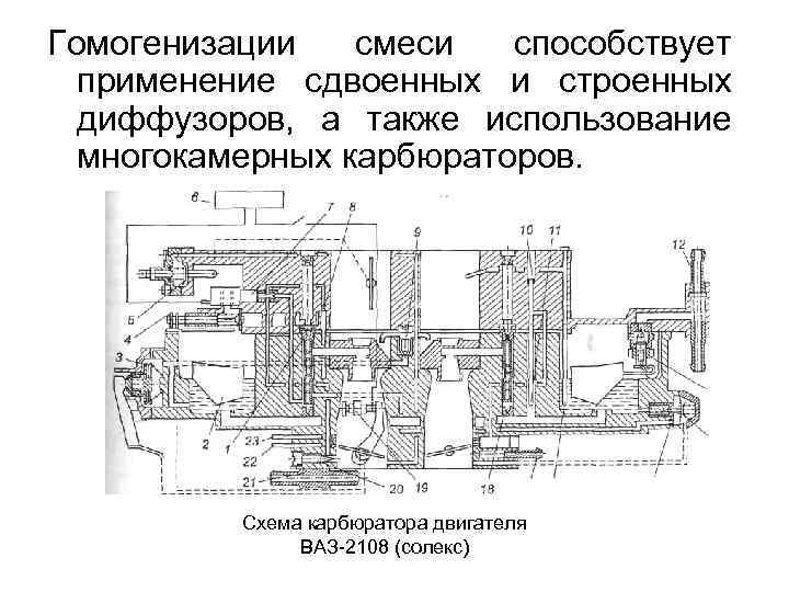 Гомогенизации смеси способствует применение сдвоенных и строенных диффузоров, а также использование многокамерных карбюраторов. Схема