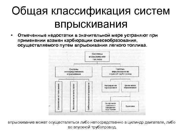 Общая классификация систем впрыскивания • Отмеченные недостатки в значительной мере устраняют применении взамен карбюрации