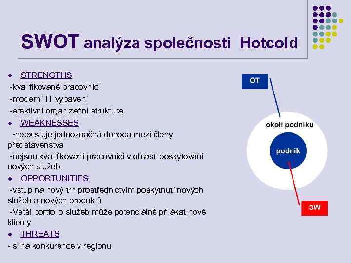 SWOT analýza společnosti STRENGTHS -kvalifikované pracovníci -moderní IT vybavení -efektivní organizační struktura l WEAKNESSES