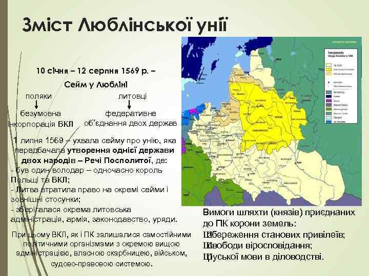 Зміст Люблінської унії 10 січня – 12 серпня 1569 р. – поляки Сейм у