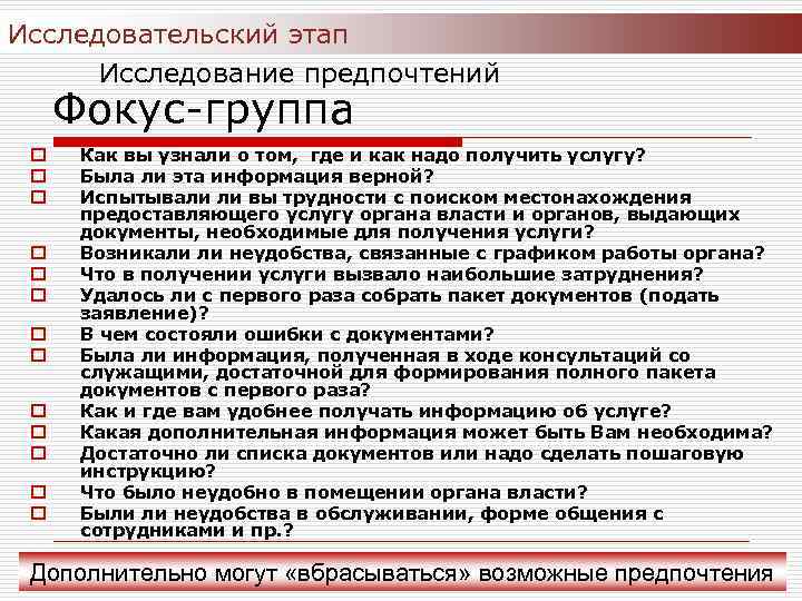 Исследовательский этап Исследование предпочтений Фокус-группа o o o o Как вы узнали о том,