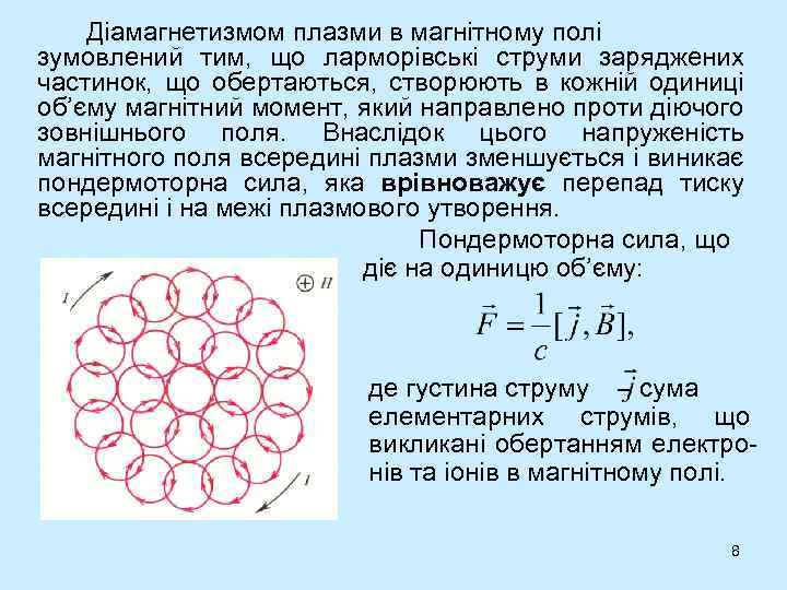 Діамагнетизмом плазми в магнітному полі зумовлений тим, що ларморівські струми заряджених частинок, що обертаються,