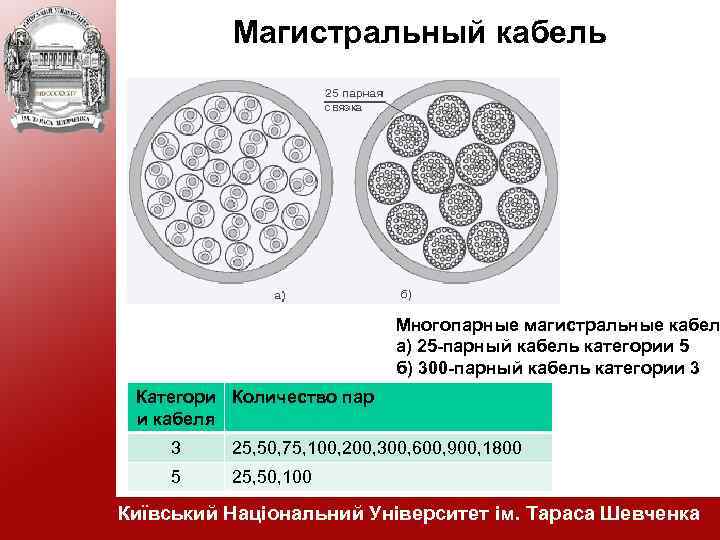 Магистральный кабель Многопарные магистральные кабел а) 25 -парный кабель категории 5 б) 300 -парный