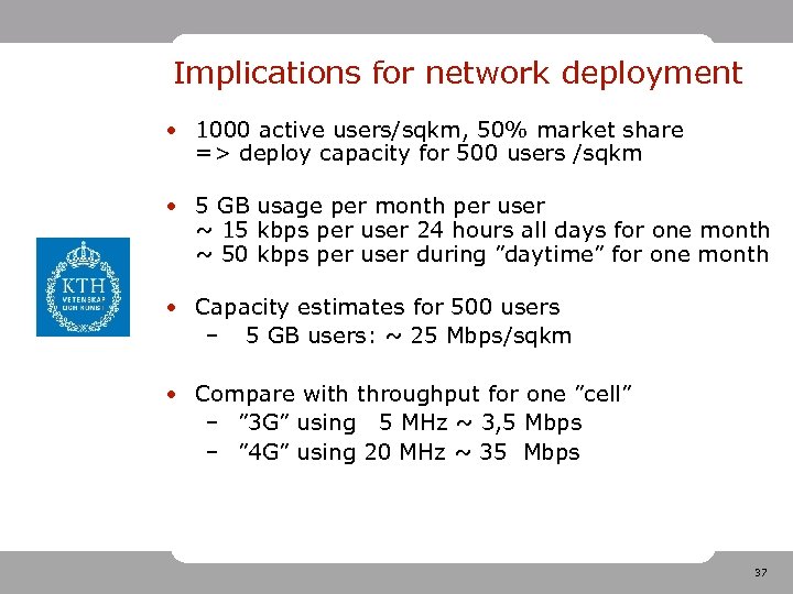 Implications for network deployment • 1000 active users/sqkm, 50% market share => deploy capacity