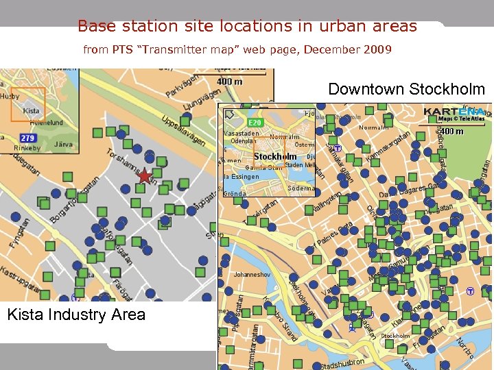 Base station site locations in urban areas from PTS “Transmitter map” web page, December