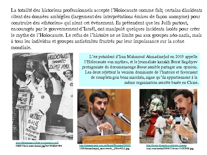 La totalité des historiens professionnels accepte l’Holocauste comme fait; certains dissidents citent des données