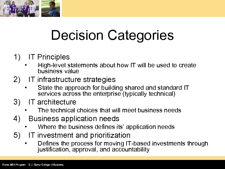 Decision Categories 1) IT Principles • 2) High-level statements about how IT will be